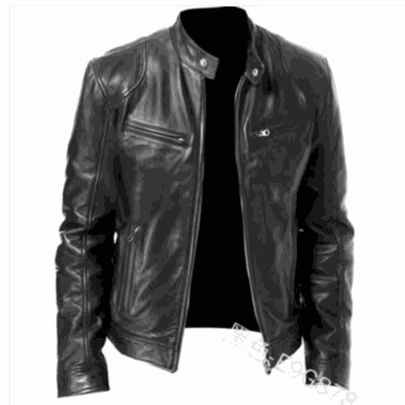 2023 men's slim fit black leather motorcycle jacket with diagonal zipper and stand collar
