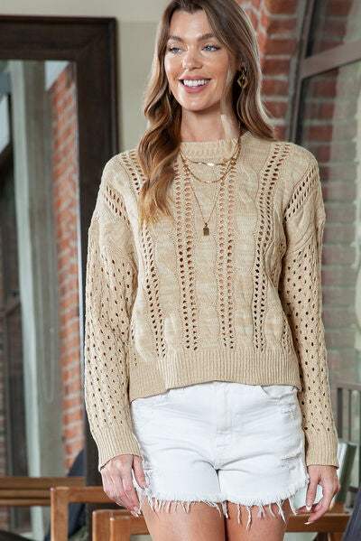 Yukilook | Full Size Openwork Cable-Knit Round Neck Knit Top