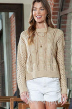 Yukilook | Full Size Openwork Cable-Knit Round Neck Knit Top