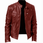 2023 Men's slim fit leather motorcycle jacket with diagonal zipper and stand collar in black PU leather
