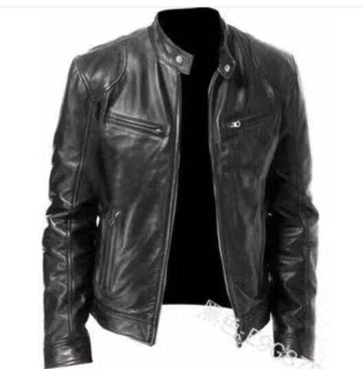 2023 Men's slim fit leather motorcycle jacket with diagonal zipper and stand collar in black PU leather