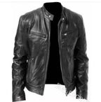 2023 Men's slim fit leather motorcycle jacket with diagonal zipper and stand collar in black PU leather