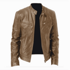 2023 men's slim fit leather motorcycle jacket with diagonal zipper and stand collar in black PU leather
