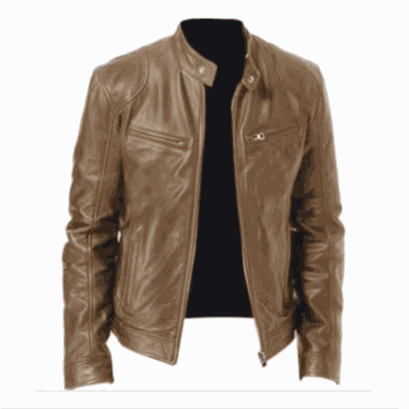 2023 men's slim fit leather motorcycle jacket with diagonal zipper and stand collar in black PU leather