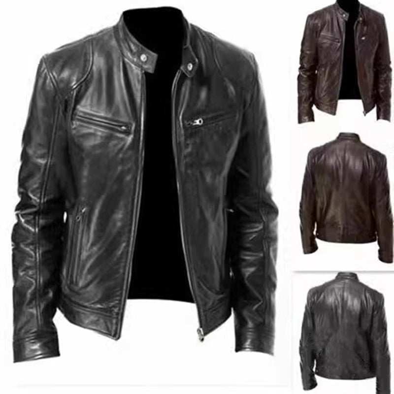 2023 men's slim fit leather motorcycle jacket with diagonal zipper and stand collar in black PU leather