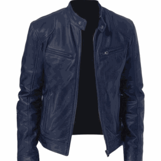 2023 men's slim fit leather motorcycle jacket with diagonal zipper and stand collar in black PU leather
