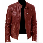 2023 men's slim fit leather motorcycle jacket with diagonal zipper and stand collar in black PU leather