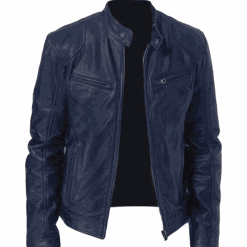 2023 Men's slim fit leather motorcycle jacket with diagonal zipper and stand collar in black PU leather