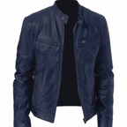 2023 Men's slim fit leather motorcycle jacket with diagonal zipper and stand collar in black PU leather
