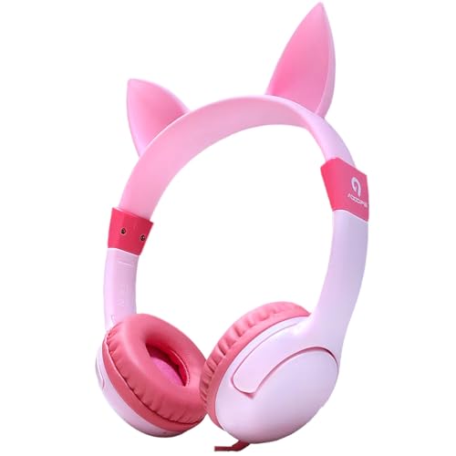 Adoope Kids Headphones with Microphone - Cat Ear Headphone Wired with 3.5mm Jack 85/94dB Safe Volume Limited On-Ear Headphone for Kids (2-7 Years)/School/Travle/Tablet(Pink)