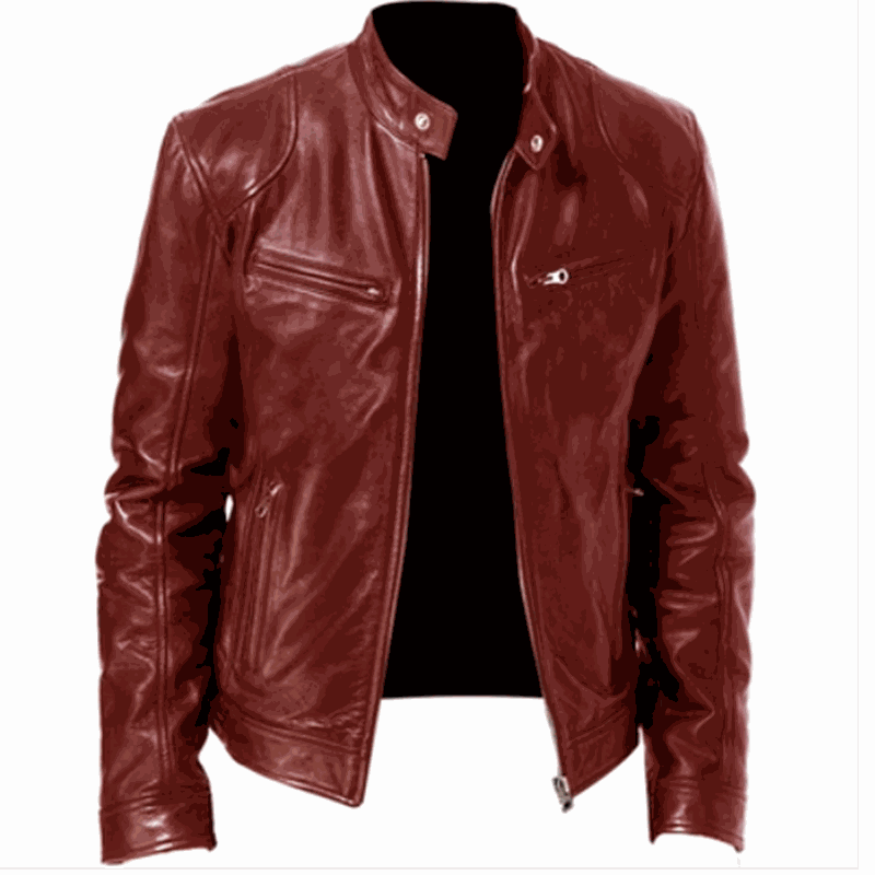 2023 men's slim fit leather motorcycle jacket with diagonal zipper and stand collar in black PU leather