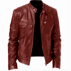 2023 men's slim fit leather motorcycle jacket with diagonal zipper and stand collar in black PU leather