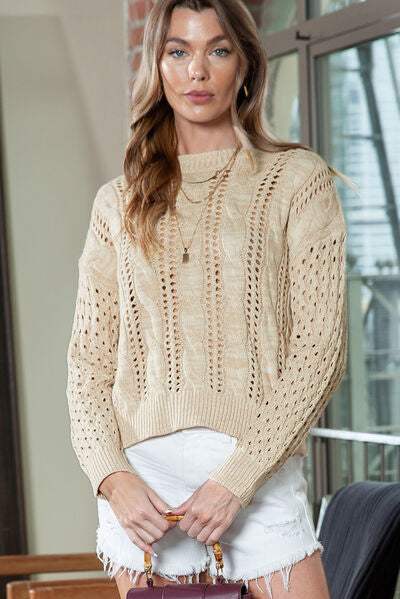 Yukilook | Full Size Openwork Cable-Knit Round Neck Knit Top