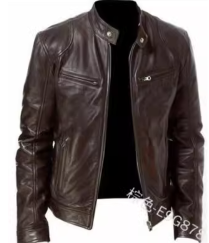 2023 Men's slim fit leather motorcycle jacket with diagonal zipper and stand collar in black PU leather
