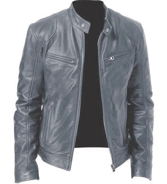 2023 men's slim fit leather motorcycle jacket with diagonal zipper and stand collar in black PU leather