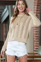 Yukilook | Full Size Openwork Cable-Knit Round Neck Knit Top