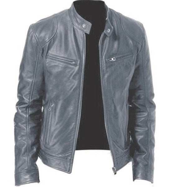 2023 men's slim fit PU leather motorcycle jacket with diagonal zipper and stand collar in black
