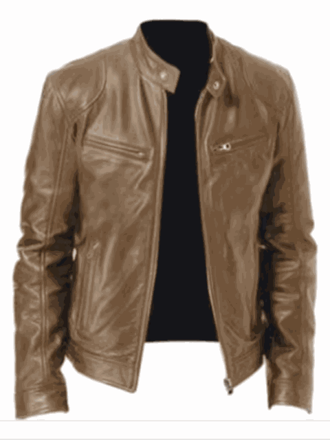 2023 men's slim fit leather motorcycle jacket with diagonal zipper and stand collar in black PU leather