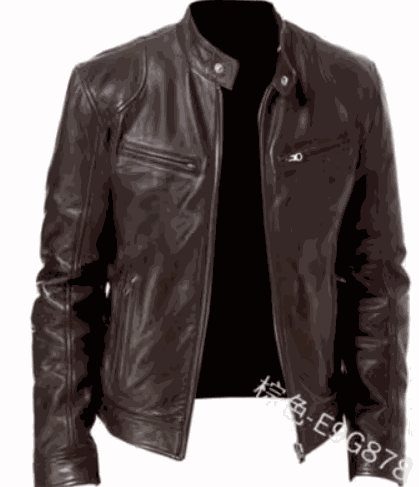2023 Men's slim fit leather motorcycle jacket with diagonal zipper and stand collar in black PU leather