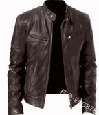 2023 Men's slim fit leather motorcycle jacket with diagonal zipper and stand collar in black PU leather