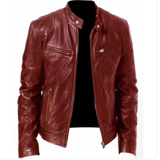 2023 men's slim fit leather motorcycle jacket with diagonal zipper and stand collar in black PU leather