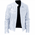 2023 men's slim fit leather motorcycle jacket with diagonal zipper and stand collar in black PU leather