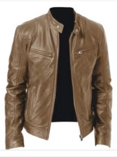 2023 Men's Slim Fit Leather Motorcycle Jacket with diagonal zipper and stand collar in black PU leather
