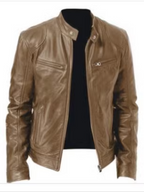 2023 Men's Slim Fit Leather Motorcycle Jacket with diagonal zipper and stand collar in black PU leather