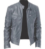 2023 Men's slim fit leather motorcycle jacket with diagonal zipper and stand collar in black PU leather
