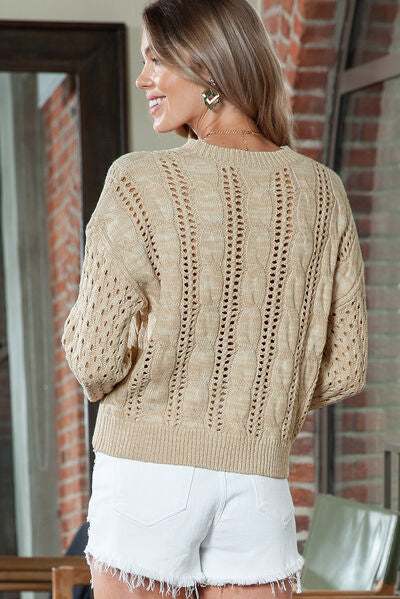 Yukilook | Full Size Openwork Cable-Knit Round Neck Knit Top