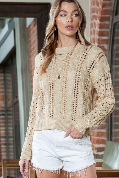 Yukilook | Full Size Openwork Cable-Knit Round Neck Knit Top