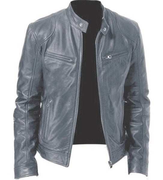 2023 men's slim fit leather motorcycle jacket with diagonal zipper and stand collar in black PU leather