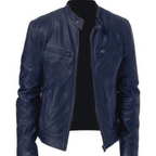2023 Men's slim fit leather motorcycle jacket with diagonal zipper and stand collar in black PU leather