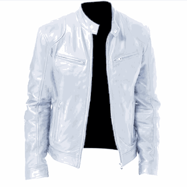 2023 men's slim fit leather motorcycle jacket with diagonal zipper and stand collar in black PU leather