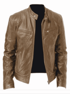 2023 men's slim fit leather motorcycle jacket with diagonal zipper and stand collar in black PU leather