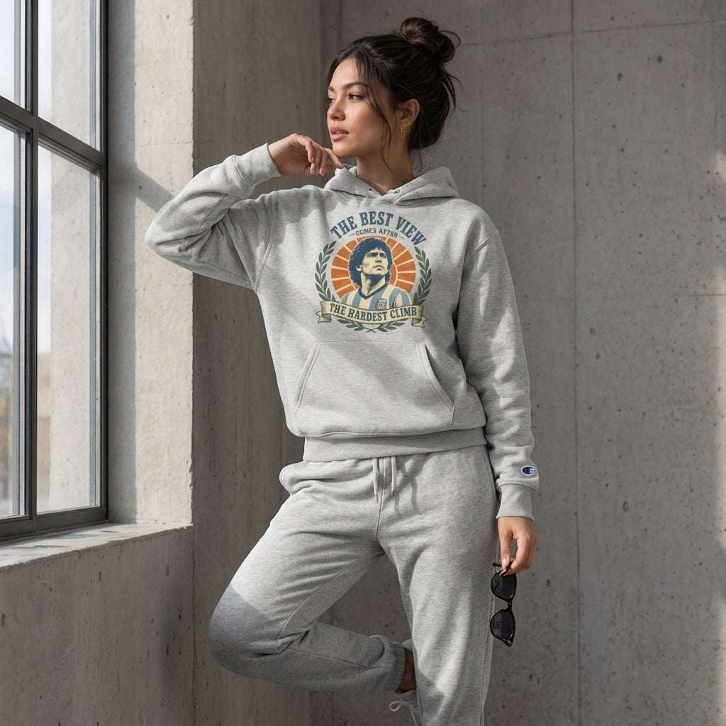 Champion Hoodie in gold with mountain quote, heavyweight and moisture-wicking design