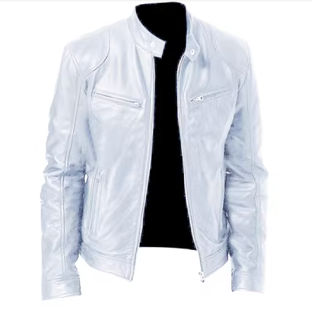 2023 men's slim fit leather motorcycle jacket with diagonal zipper and stand collar in black