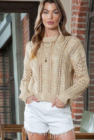 Yukilook | Full Size Openwork Cable-Knit Round Neck Knit Top