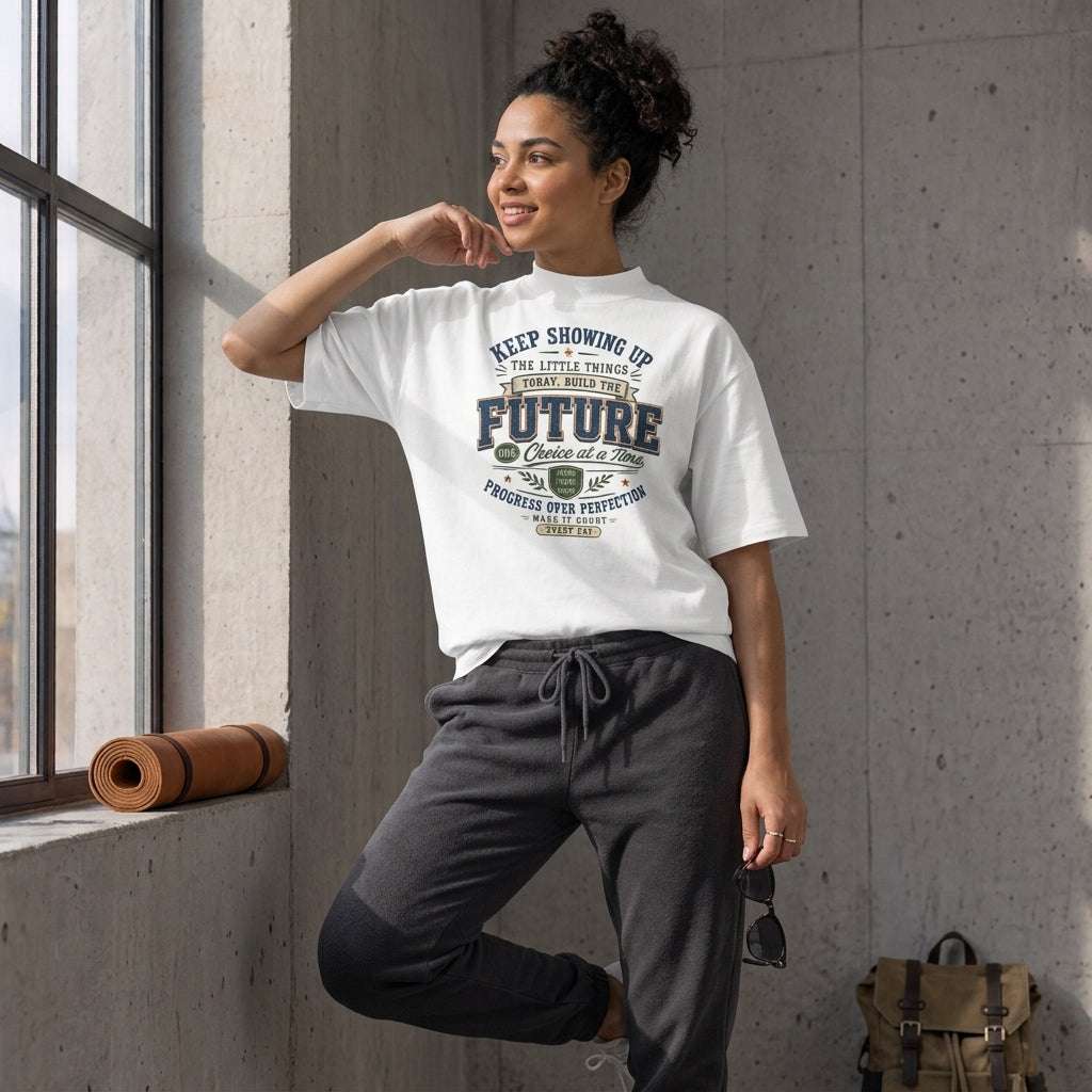 Black oversized tee with "Progress Over Perfection" motivational text and relaxed fit