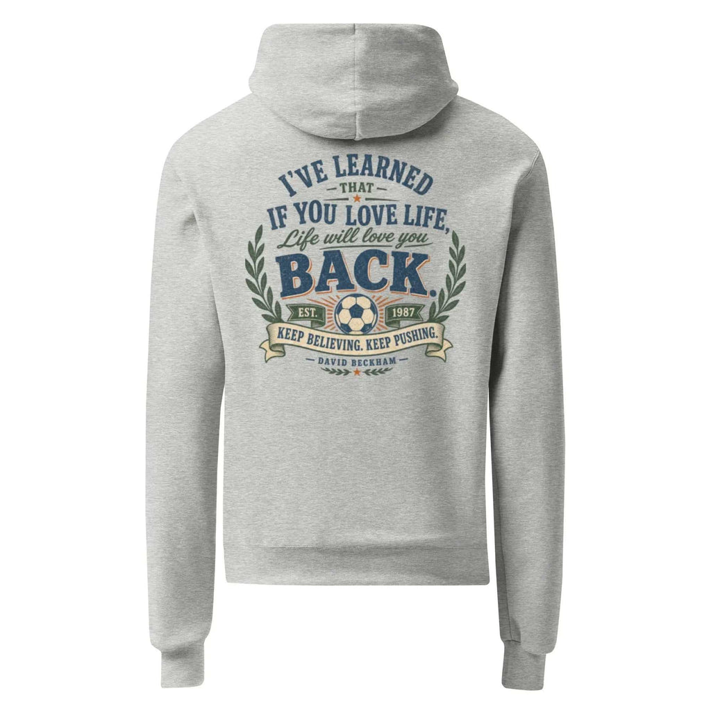 Champion Hoodie in gold with "The Best View" mountain quote, heavyweight and moisture-wicking design