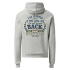 Champion Hoodie in gold with "The Best View" mountain quote, heavyweight and moisture-wicking design