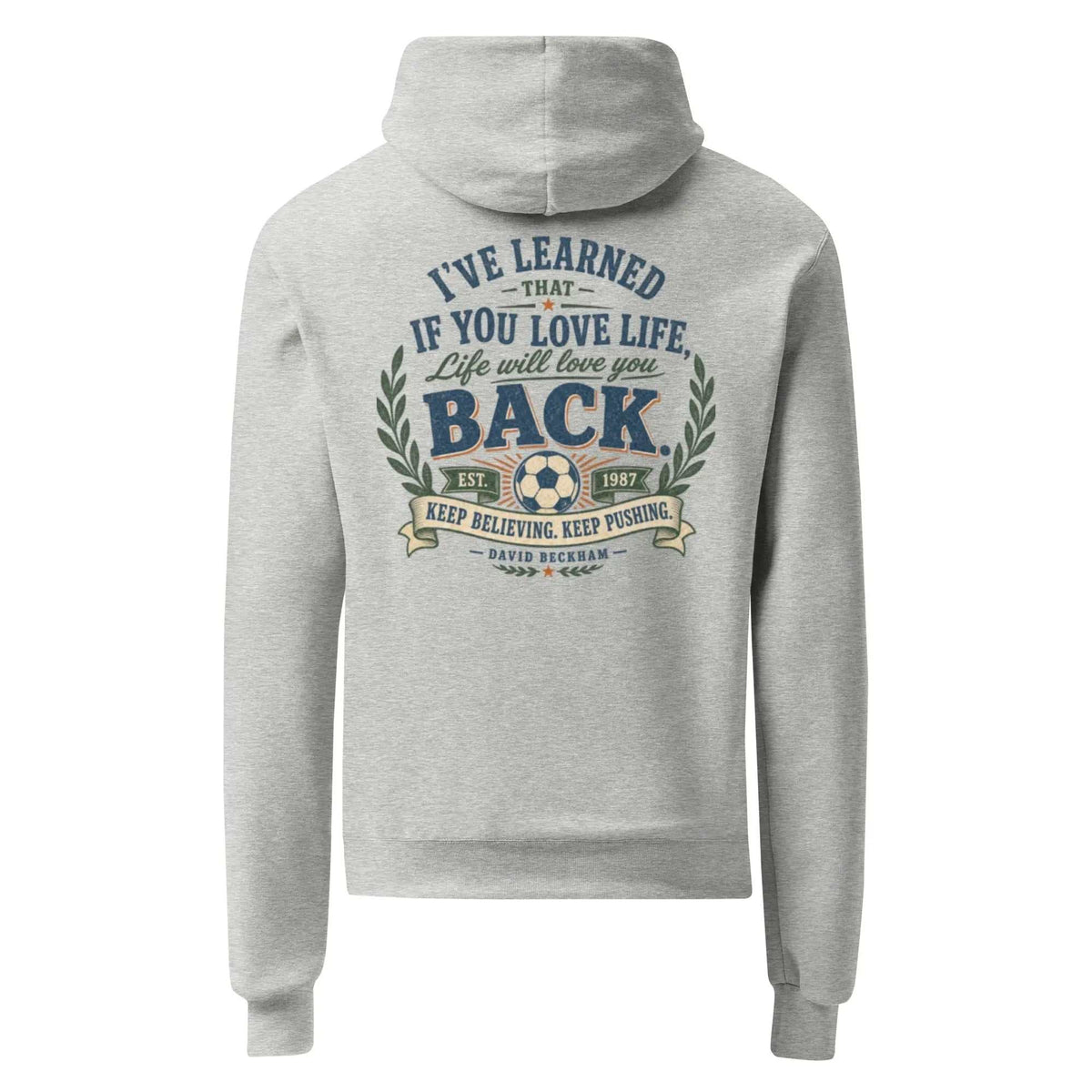 Champion Hoodie in gold with "The Best View" mountain quote, heavyweight and moisture-wicking design
