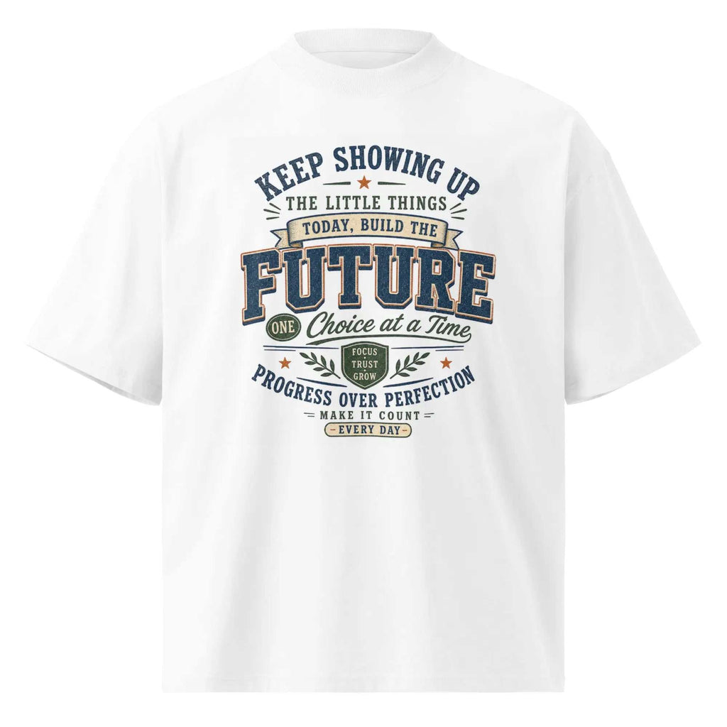 Progress Over Perfection oversized tee with dropped shoulders and wide collar for daily motivation