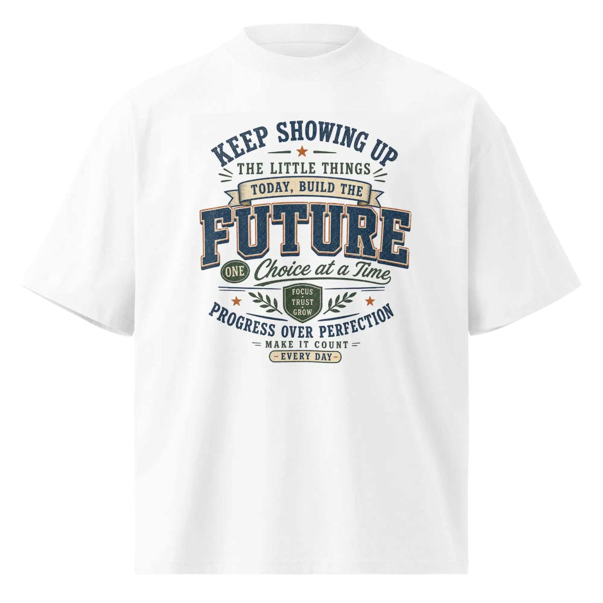 Progress Over Perfection oversized tee with dropped shoulders and wide collar for daily motivation