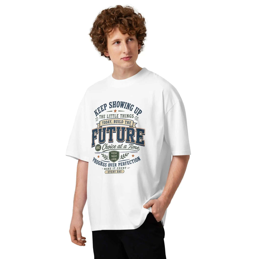 Oversized tee with "Progress Over Perfection" motivational message, comfortable fit with dropped shoulders and wide collar