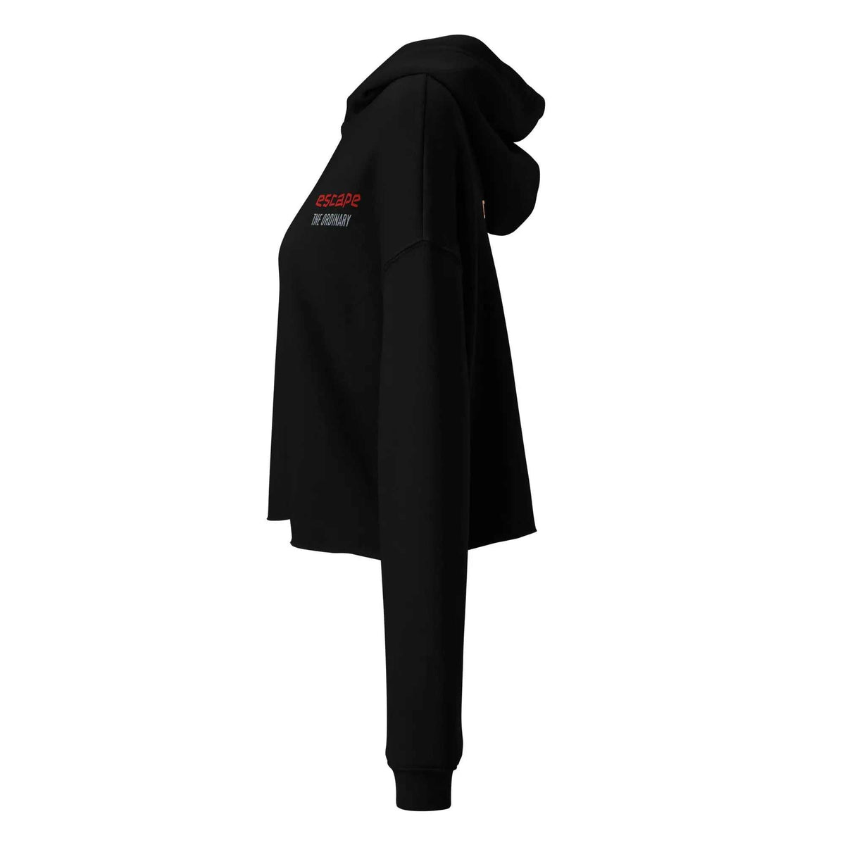 Escape The Ordinary crop hoodie with raw hem and dropped shoulders streetwear style