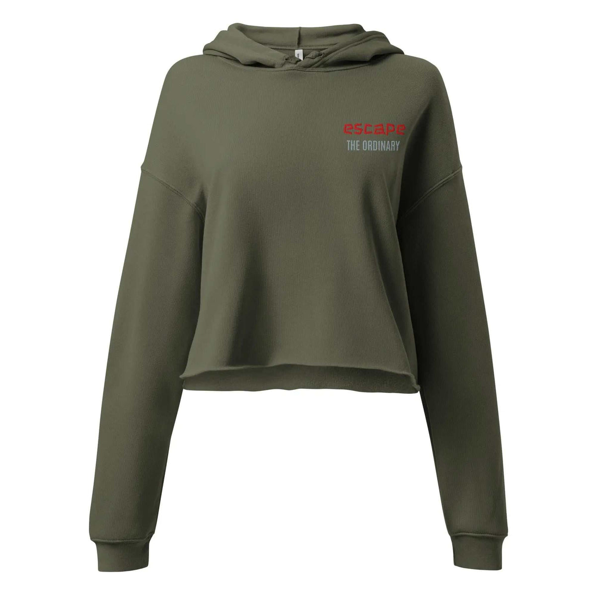 Escape The Ordinary crop hoodie with raw hem and dropped shoulder streetwear style
