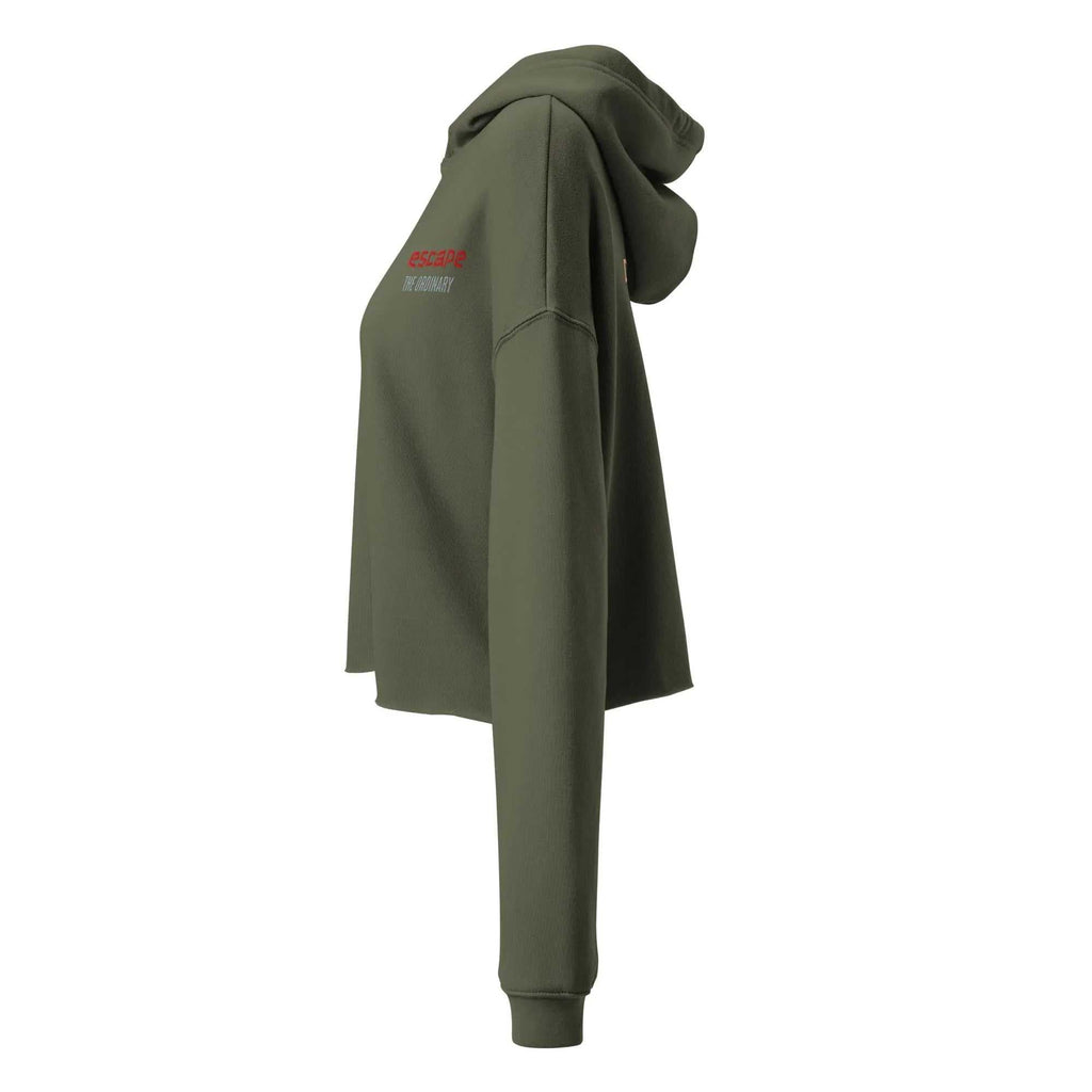 Crop hoodie with raw hem and dropped shoulders, streetwear style Escape The Ordinary